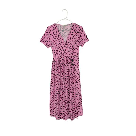 ASOS Pink Leopard Midi Wrap Dress Size 4 Small V-Neck Stretch Elastic Waist - Picture 9 of 9